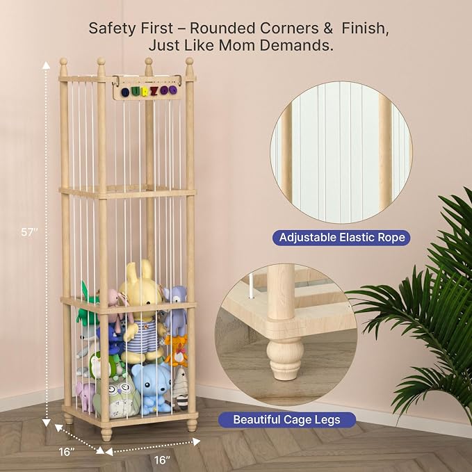 Stuffed Animal Storage Zoo, 57" Tall Solid Pine Wood Toy Organizer with Exclusive 3D Sign, Large Vertical Plushie Cage Holder with Elastic Cords for Playroom Corner & Nursery Decor XL