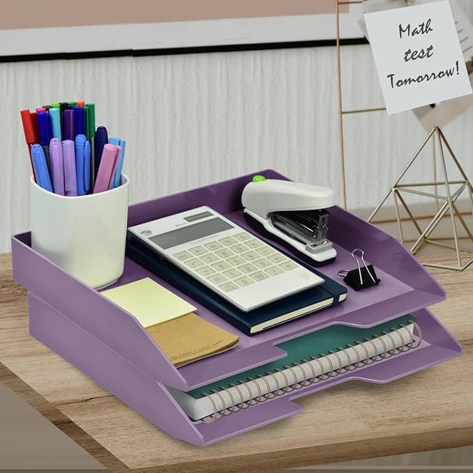 Acrimet 2 Tier Paper Organizer Letter Tray – Plastic Stackable Desk File Organizer, Side Load Paper Sorter for Letter/A4 Office File Folder Holder – Solid Purple