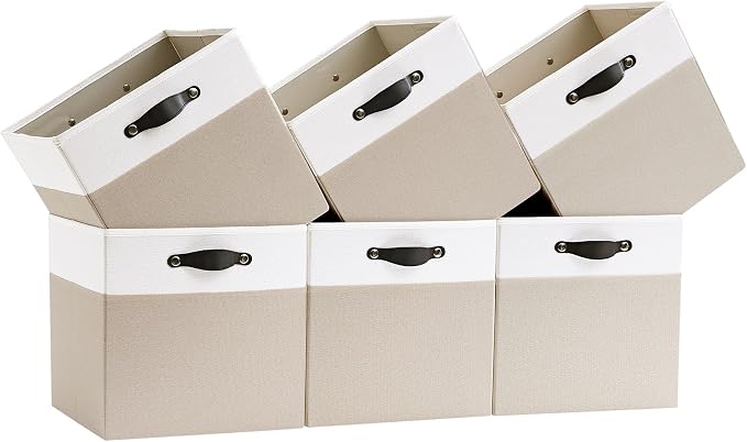 Cube Storage Bins | 10.5"x10.5"x11", Beige & White, 6 Pack | Multi-Size | 2X Thick Support Board | Vegan Leather Handles | 7.7 oz/yd² Fabric | 11"x11" Drawer Insert Basket