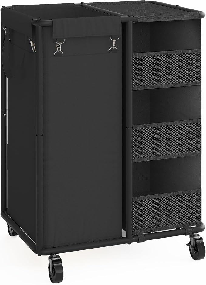 WOWLIVE Laundry Sorter with Wheels, 100L Rolling Laundry Hamper | Laundry Cart with Steel Frame, Laundry Basket with Hanging and Removable Bag, Storage Unit Basket Organizer for Dorm, Black