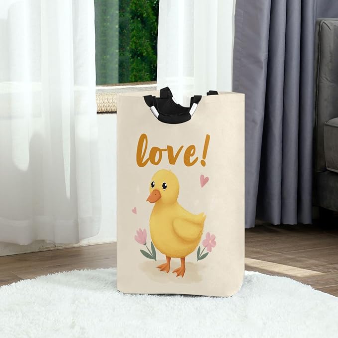 Yellow Duck with Pink Flowers Design Large Laundry Hamper Basket, Collapsible Laundry Bag Storage Bins Baskets with Handles for Laundry, Bedroom, Home Decor