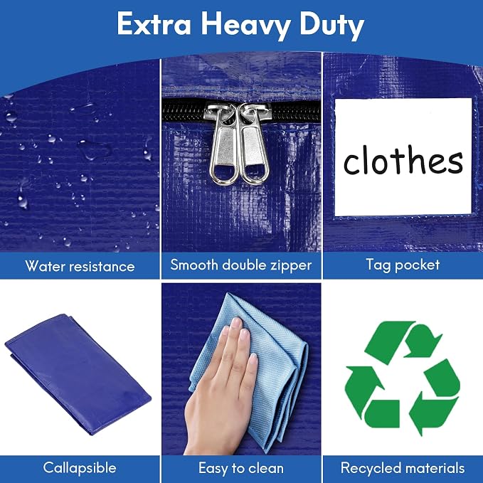 6-Pack Extra-Large Heavy-Duty Moving bags with Reinforced Handles, Durable Zippers & Waterproof Material — Perfect for Space-Saving, Storage, Shipping and Travel (Blue)