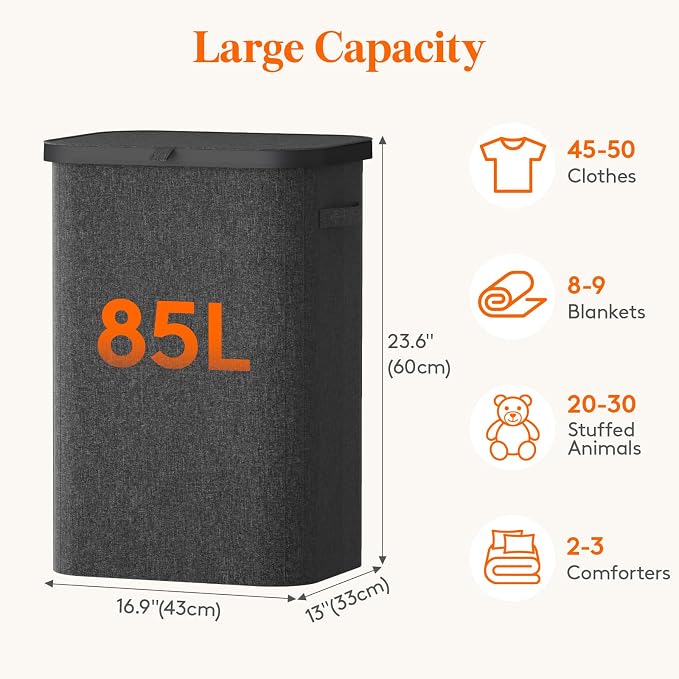 Lifewit 85L Large Laundry Basket with Lid, Laundry Hamper with Plastic Handles and Removable Bag, Foldable Tall Dirty Clothes Hampers for Laundry for Laundry Room, Bedroom, Bathroom, Dorm, Dark Gray