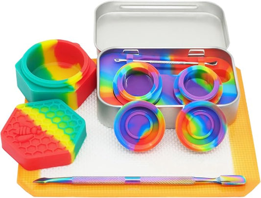 Silicone Wax Carving 5ml 26ml Hexagon Container Kit (Rainbow) | with 5.2" Rainbow Tool and 5.9"×4.9" Mat