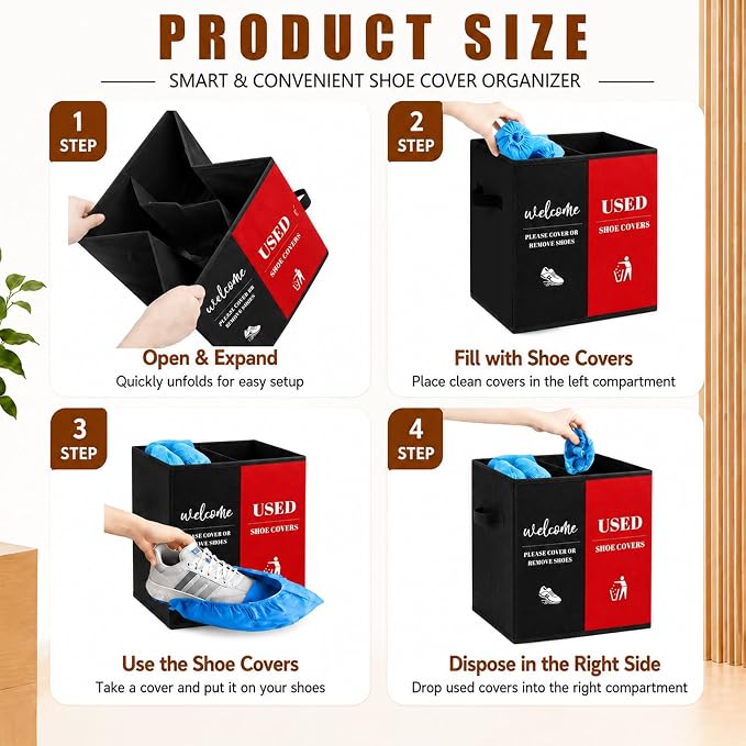 Shoe Cover Box with Door Hanging Sign – Foldable Double Compartment Storage Bin, Freestanding Dispenser Organizer for Home, Office, Entryway (Black Red)
