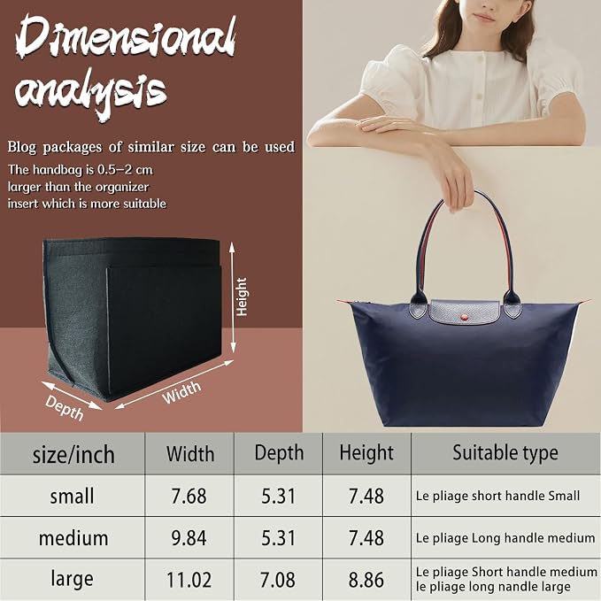 Organizer Insert For Long Champ Le Pliage Purse organizer Premium Felt 1012-25black-S