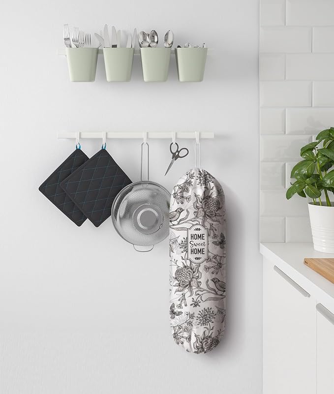 Plastic Bag Holder Hand Drawn Style Grocery Bag Holder Organizer Flowers Birds Pattern Shopping Trash Bag Storage Dispenser Cute Retro French Kitchen Decor