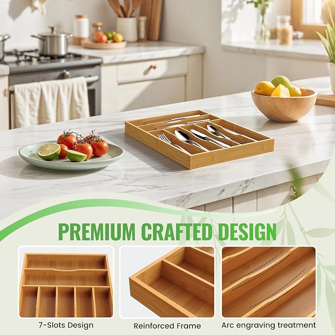 Bamboo Silverware Organizer, 12 Inch Bamboo Kitchen Drawer Cutlery Organizer, Utensil Holder, Flatware Organizer Tray (15.8"x11.9"x1.6")