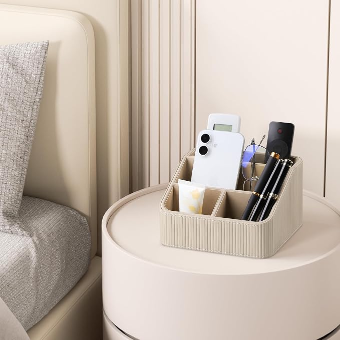 Remote Control Holder with 4 Compartments, PU Leather Small Nightstand Organizer for Home Desk Accessories Office Supplies, Multifunctional Stylish Small Bedside Desktop Organizers (Beige)