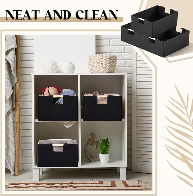 Cinnvoice 3 Pack Fabric Storage Bins for Closet Shelves, 15 x 10.6 x 6 Inch Black Rectangle Wardrobe Organizer with Handle, Collapsible Shelves Storage Basket for Sorting Clothes and Toy