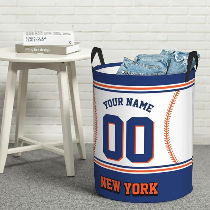 New York Laundry Hamper Personalized Laundry Basket Customized Name And Number Collapsible Storage Basket for Bedroom Bathroom Living Room Baseball Fan Gifts