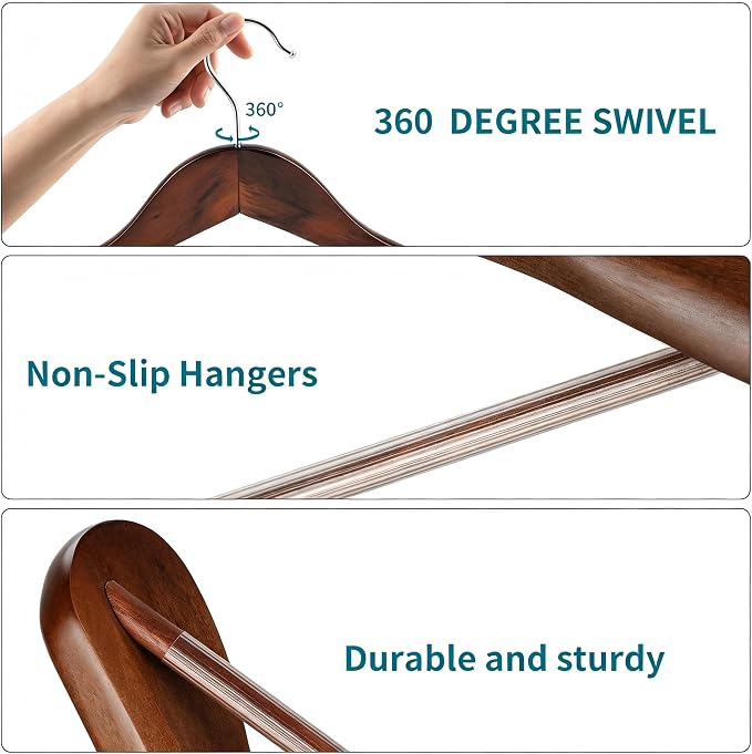 ABHENG Solid Wood Suit Hangers, 6 Pack, Coat Hangers with Non Slip Trouser Bar, 360° Swivel Hook, Heavy Duty Wide Hangers for Suit, Coat, Jacket, Trousers, Pants,17.3" W x 9" H, Dark Walnut AWY0406H