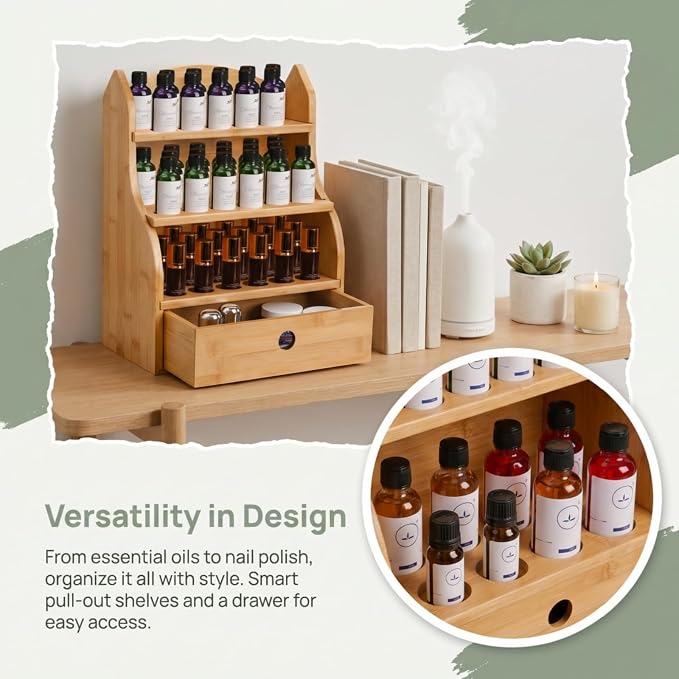 Dicunoy Essential Oils Storage Case, 46 Slots Nail Polish Shelf Display Rack with Drawer, Bamboo 3 Tiers Essential Oil Organizer Holds 10/15/20/30ml Bottles for Home, Cosmetic Shelf, Fairs, Shop