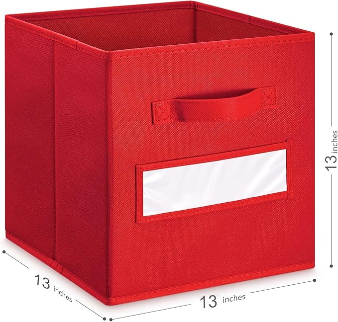 13x13x13 storage cube bins(Set of 10) Fabric storage cubes with 10 Labels Window Cards & a Pen, storage cubes 13x13, Collapsible 13 inch cube storage bins, Cubby Organizer Boxes, Red