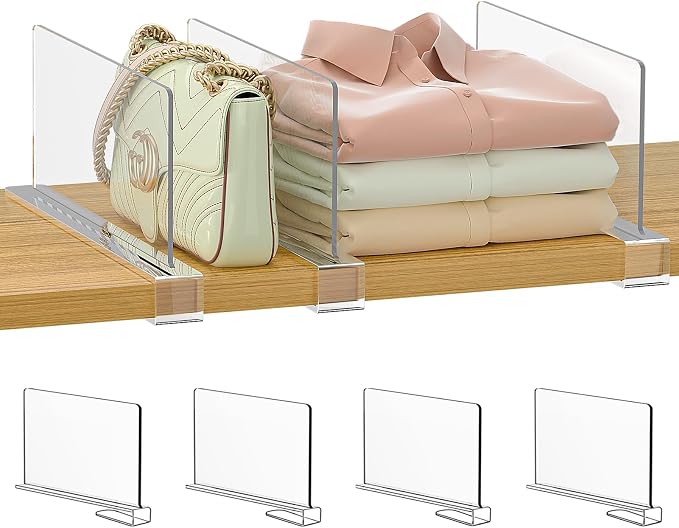 Purse Organizer for Closet Shelf Dividers: 6-inch Tall (Shorter Version) Adjustable Clear Acrylic Bag Storage Organizer for Handbags, Sweaters, Towels, Jeans and Shoes on Wood Shelves 4-Pack