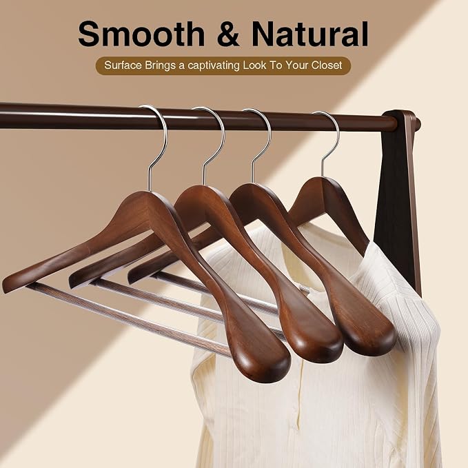 Suit Hangers 6 Pack,Wide Shoulder Wooden Hangers,Solid Wood Coat Hangers with Heavy Duty Retotating Hooks & Non Slip Pants Bar,Smooth Finish Clothes Hanger for Sweater, Pants, Jacket(Walnut)