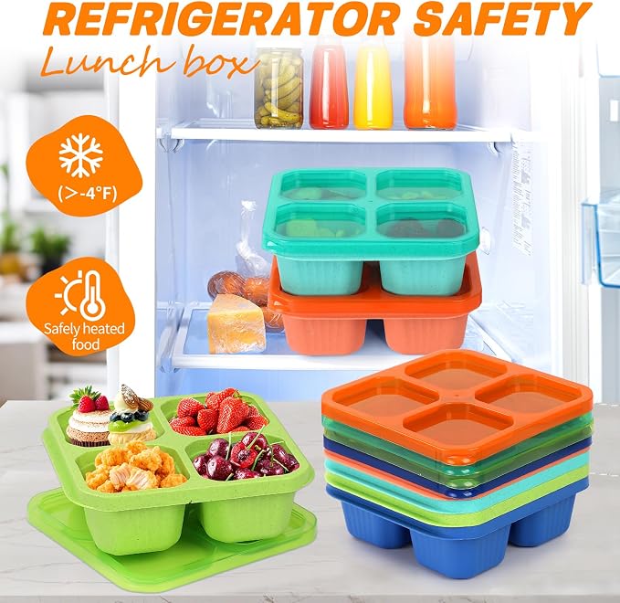 buluker 8 Pack Bento Snack Containers Set， 4 Compartment Food Storage Containers ，Wheat Straw Meal Prep Lunch Box ，Plastic Food Storage container, Microwave and Dishwasher Safe (Bright color)