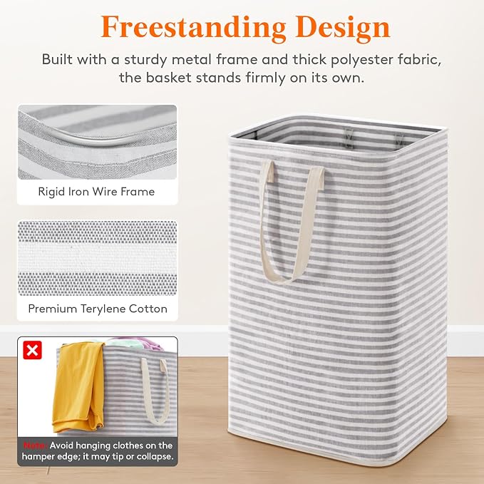 Lifewit 2 Packs Freestanding Clothes Hamper with Carry Handles, Large Tall Laundry Basket for Organization for Adults in Laundry Room Dorm Bedroom, Gray, 2 x 75L
