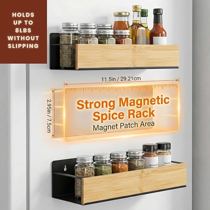 (4 Pack) Magnetic Spice Storage Rack Organizer for Refrigerator and Oven, 4 Strong Magnetic Shelf, Black Fridge Storage, Spice Rack Organizer, Metal-Bamboo