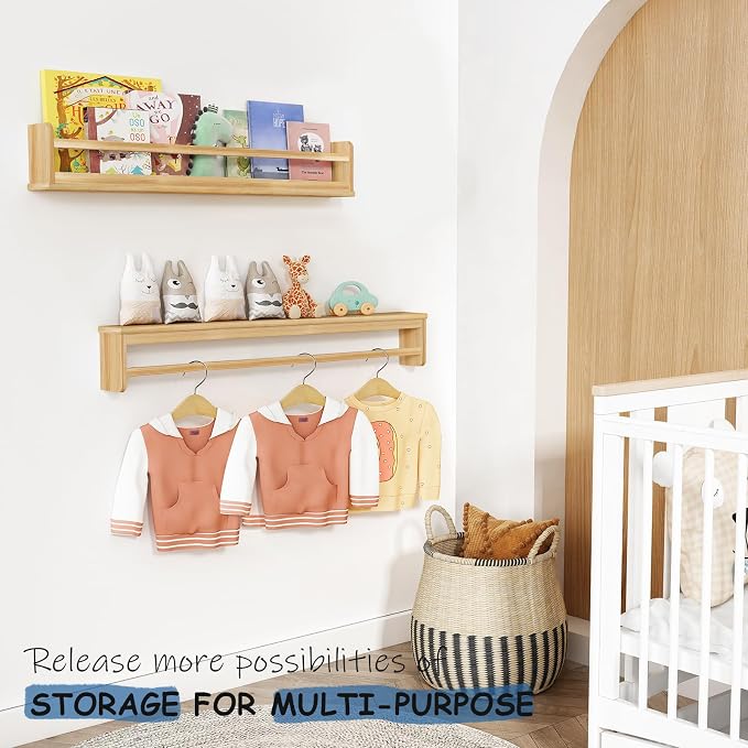 Harwaya Wooden Wall Bookshelf for Kids Room, Large Nursery Floating Shelves for Kids Bedroom, Natural Wood Wall Mounted Bookshelves for Baby Toddler Classroom Library Books (36 Inch Long, 3-Pack)