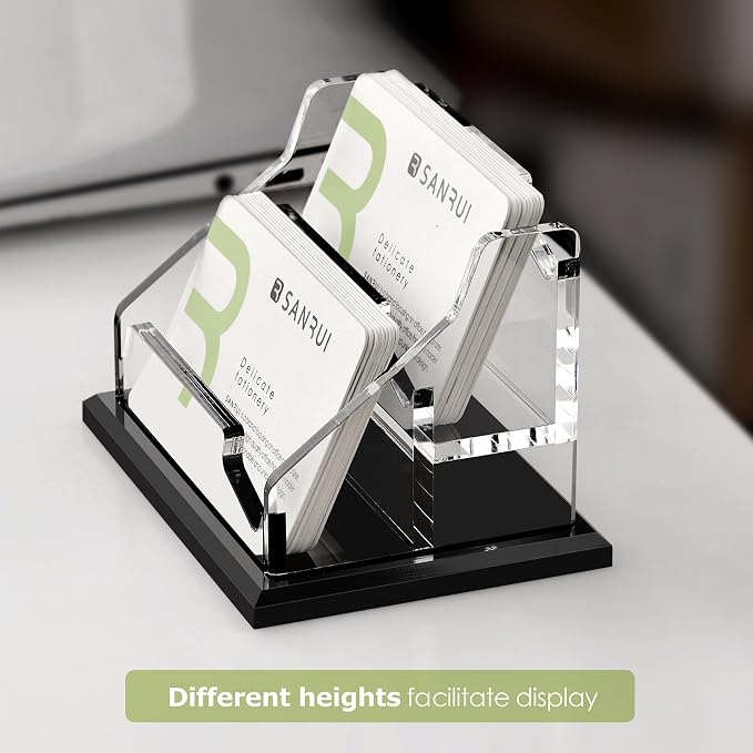 SANRUI Black Business Card Holder for Desk 2 Slot , Clear Acrylic Horizontal Name Card Stand for Women and Men, Desktop Organizer Display for Office Home Exhibition - 120 Card Capacity 1 Pack