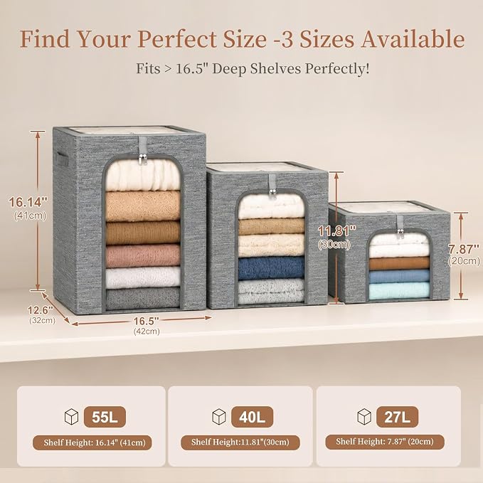 GoMaihe Clothes Storage Bin with Metal Frame: 6-Pack Stackable Closet Storage Bin with Lid & Clear Window, Sweater Boxes Storage for Closet Bedding Clothing Storage Organizer 40L