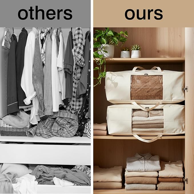 YGEOMER Blanket Storage Bags, Canvas Foldable Closet Organizers Containers with Reinforced Handle for Dorm Bedroom Closet Clothing Comforters Pillows Toys, 2 Pack