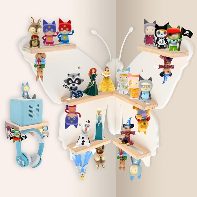 90°Butterfly for Tonies Box 1/2 Tonies Figures Organizer Storage Shelf Corner Wall Mounted, Magnetic Display Collection 30~40 Characters Floating Shelves Storage Player, Earphones