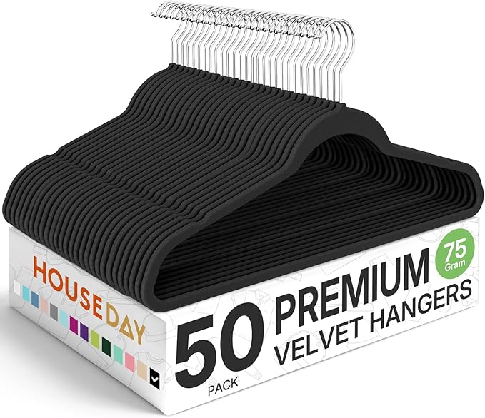 HOUSE DAY Premium Velvet Hangers 50 Pack Black, Non-Slip Flocked Felt Hangers, Sturdy Clothes Hangers with 360° Rotatable Hook, Heavy Duty Coat Hanger, Durable Slim Hanger for Closet Space Saving