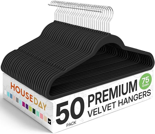 HOUSE DAY Premium Velvet Hangers 50 Pack Black, Non-Slip Flocked Felt Hangers, Sturdy Clothes Hangers with 360° Rotatable Hook, Heavy Duty Coat Hanger, Durable Slim Hanger for Closet Space Saving