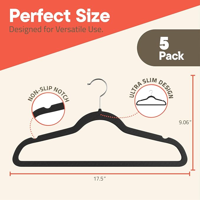 Black Velvet Hangers 5 Pack – 360° Swivel Hook, Non-Slip and Space Saving Hangers, Heavy-Duty 11 lbs Weight Capacity - Smooth Velvet Finish for Crease-Free Clothes and Effortless Closet Organization