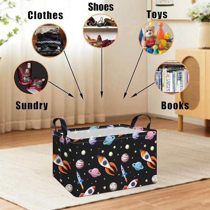 Rectangular Planet Rocket Storage Bin Toy Organizer | Storage Bin Foldable Canvas with Handles for Organizing Home Kitchen Children Toys Office Closet Shelf Baskets