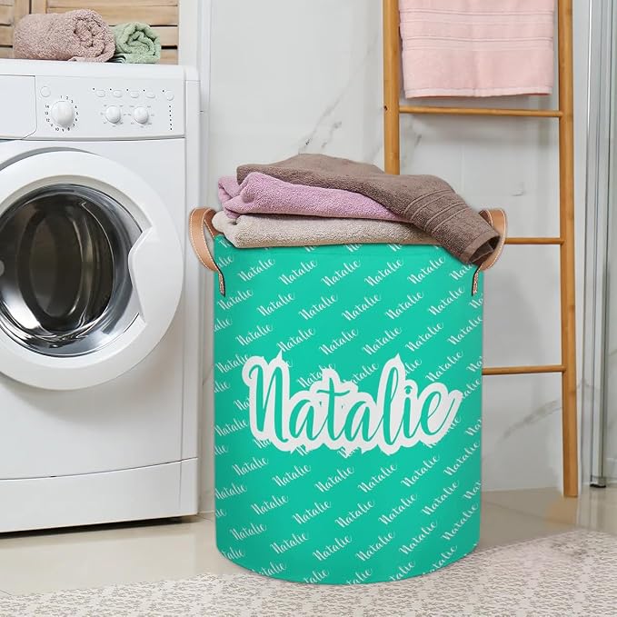 Personalized Laundry Basket, Custom Gift Laundry Hamper, Collapsible Nursery Waterproof Laundry Baskets, Dirty Clothes Toy Hamper with Handles Name Blue Green