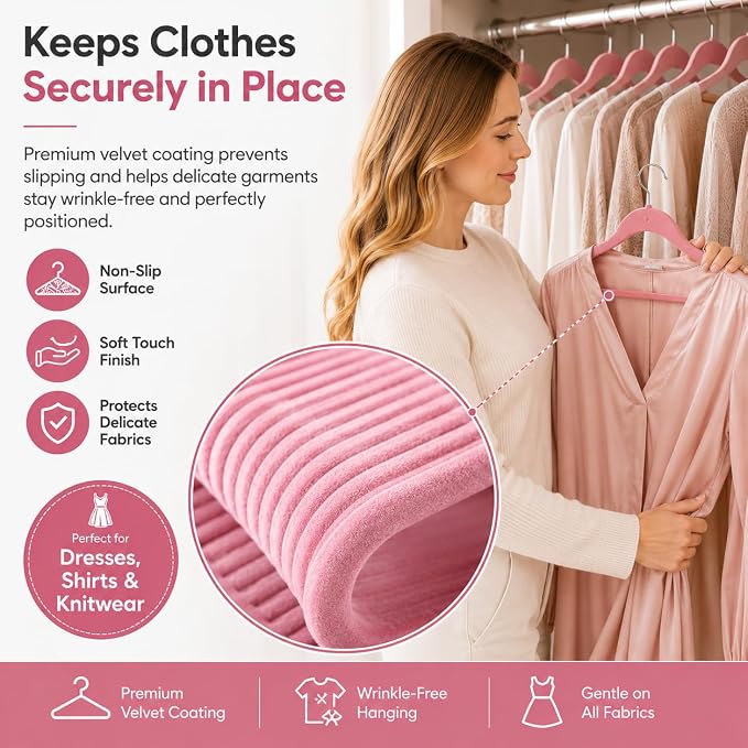 1ABOVE Premium Quality 50 Pack Non-Slip Velvet Hangers (44cm) Heavy Duty Velvet Suit Hangers with Tie Bar, 360° Swivel Hooks – Space Saving, Sturdy to Hold Jacket, Jumper & Pullover(Set of 50-Pink)