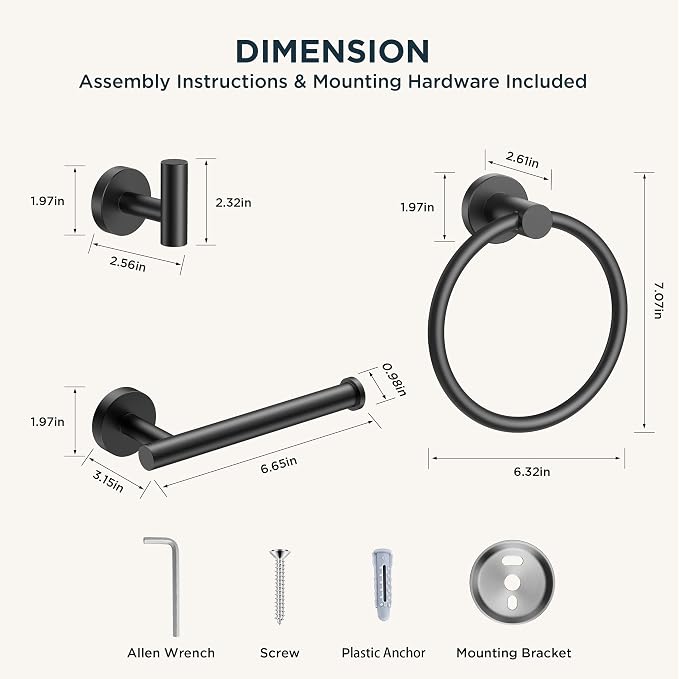 FORIOUS 4 Piece Bathroom Accessories, SUS304 Stainless Steel Toilet Paper Holder, Towel Ring and 2 Towel Hooks, Wall Mounted Bathroom Hardware Set (Matte Black)