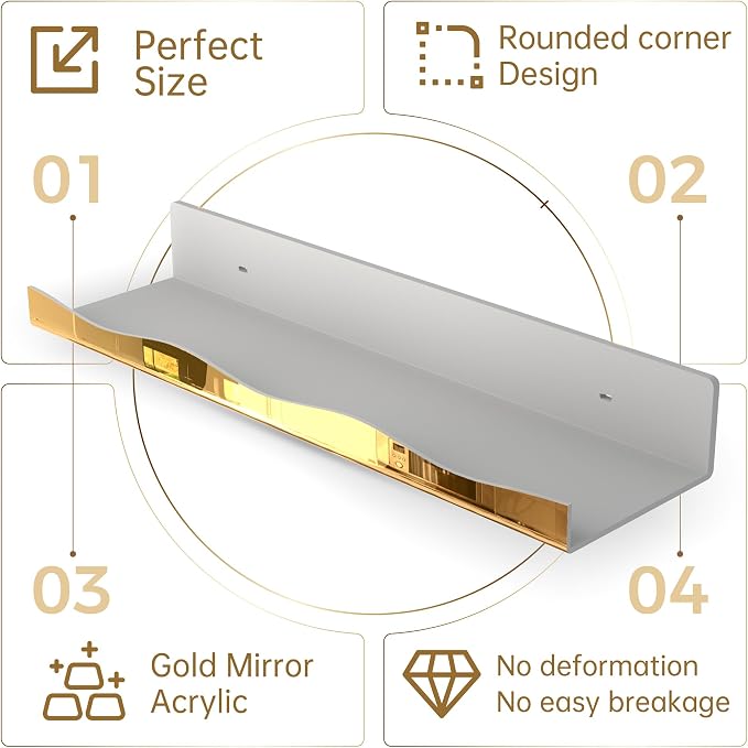 YMVV 15.7 in Large Golden Reflective Acrylic Mounted Floating Shelf, Perfume Organizer Shelf, Modern Bathroom Storage Toy Display Organizer Decor 4 Pack
