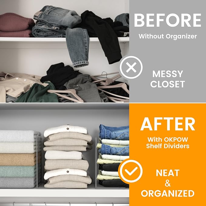 OKPOW Acrylic Shelf Dividers for Closet Organization: 8 Pack Durable Clear Shelves Separators for Clothing Adjustable 12" Tall x 10" Deep