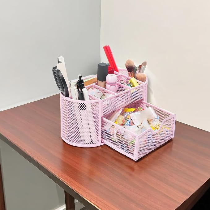 Newkita Desktop Organizer with Pencil Pen Holder and Accessories Offering 8 Compartments and 1 Drawer for Home, School and Office. (Cherry Blossom Pink)