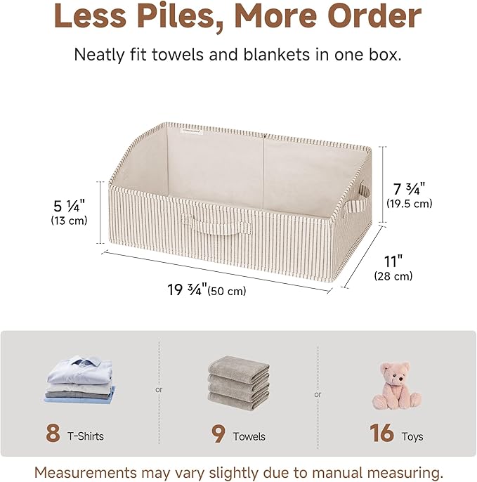 StorageWorks Closet Storage Bins, Trapezoid Organizer Box for Shelves, Fabric Clothes Bin, Foldable Organizing Baskets with Handles, Large, Khaki and Beige Stripes, 3-Pack