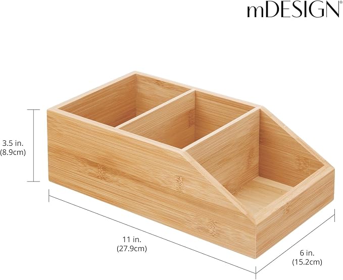 mDesign Bamboo Wood Compact Bathroom Storage Organizer Bin Box - 3 Divided Sections - Cabinets, Shelves, Countertops, Bedroom, Kitchen, Laundry Room, Closet, Garage - Natural/Tan