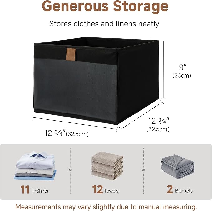 StorageWorks Closet Storage Bins with Clear Window, Large Closet Organizer and Storage Bins for Clothes, Collapsible Storage Baskets with PU Handles, Black, 3-Pack