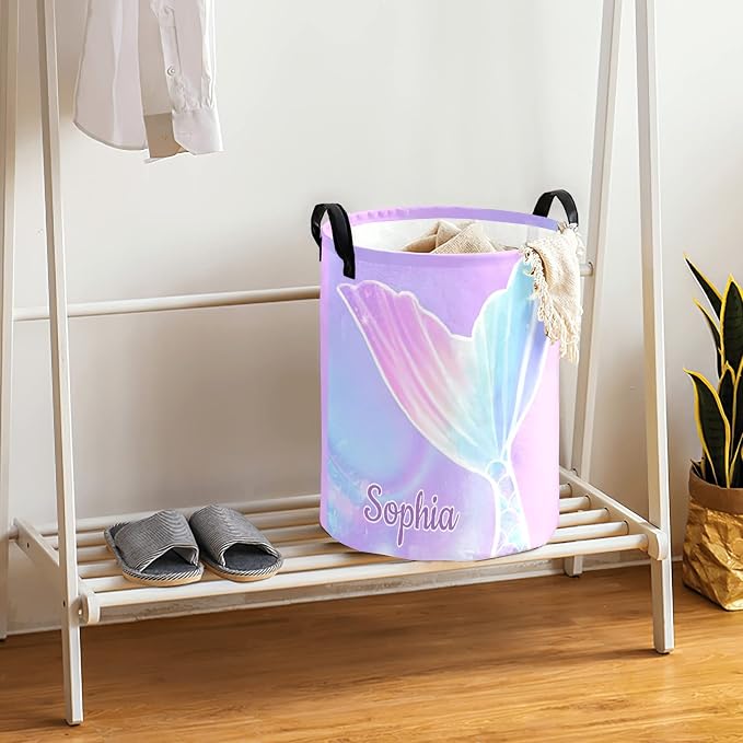 Mermaid Tail Purple Laundry Basket Personalized Name Waterproof Laundry Hamper with Handles for Laundry Room Bathroom College