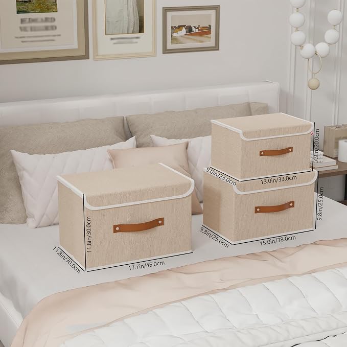 Yawinhe Collapsible Storage Boxes, Linen Fabric Baskets, Bin with lid and Leather Handle, Washable, for Home, Closet, Beige, 15.0''Lx9.8''Wx9.8''H, 5-Pack, USNK024BEL-5