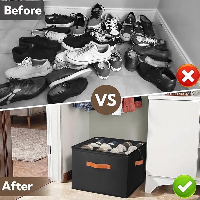 VZZNN 2 Pack Shoe Organizer for Closet, Foldable Shoe Storage Bins with Clear Cover and Adjustable Dividers, Fits up to 16 Pairs, Large Shoe Box Storage Containers with Reinforced Handles (Black)