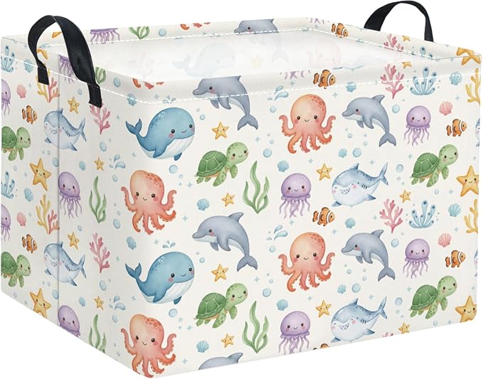 Rectangular Baby Kids Storage Basket for Home Kitchen Girls Cute Toy Storage Bin Organizer Shelf Book Room Decor(Cute Ocean)