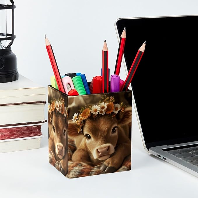 Pen Holder for Desk, Baby Cow Flowers Pencil Holder, Pen Cup Functional Desk Organizer for Office Supplies