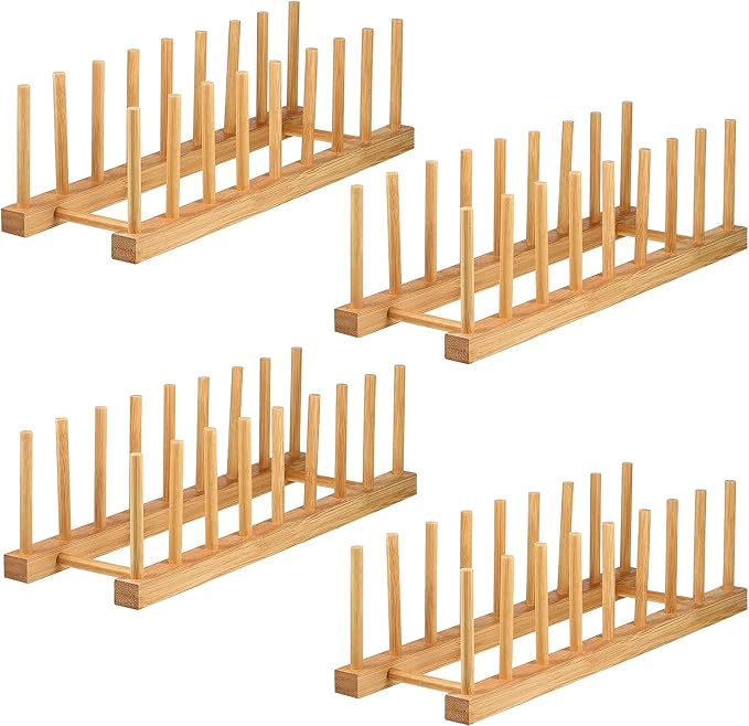 Lawei 4 Pack Bamboo Dish Drying Rack, Plate Rack Stand Pot Lid Holder, Dish Organizer Racks for Plates, Cups, Bowls, Cutting Board, Drying Rack Stand Drainer, Kitchen Cabinet Organizer