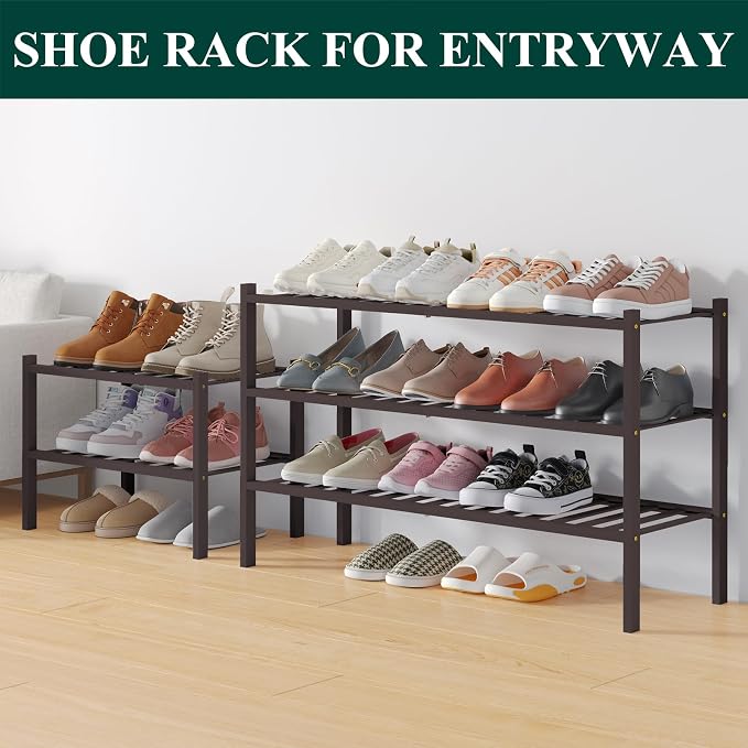Smiry Bamboo Shoe Rack for Closet, 2 Tier Long Wooden Shoe Organizer, Stackable Wood Shoe Storage Shelf for Entryway, 14 Vertical Slats, One-piece Heavy-Duty Legs, 33.86"x11.02"x12.99", Brown