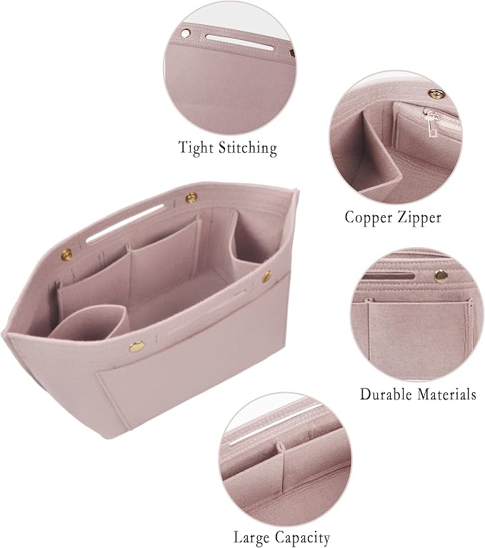 Vercord Purse Organizer Insert for Long champ Felt Organizer Insert with Zipper Handbag Insert Tote Shaper Storage Bag Beige S