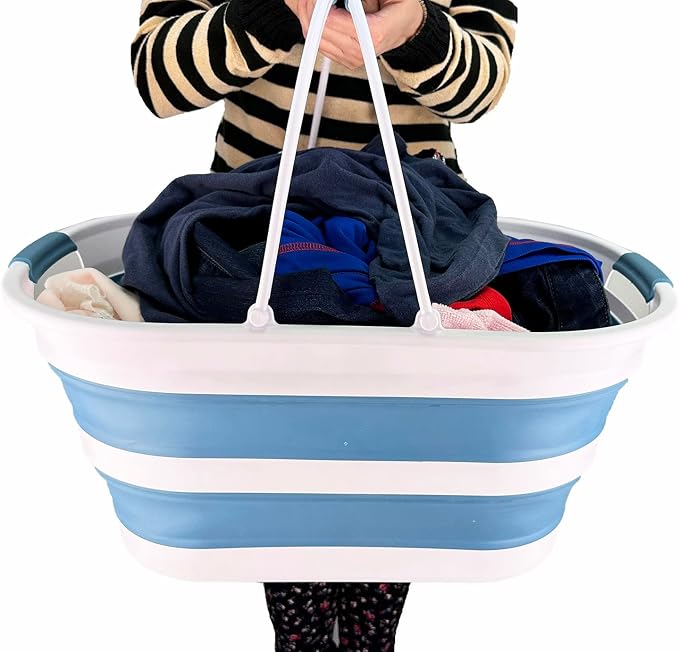 SAMMART 38L (10 Gallons) Collapsible Plastic Laundry Basket - Foldable Storage Container/Organizer - Portable Washing Tub - Space Saving Laundry Hamper (White/Adriatic Blue)